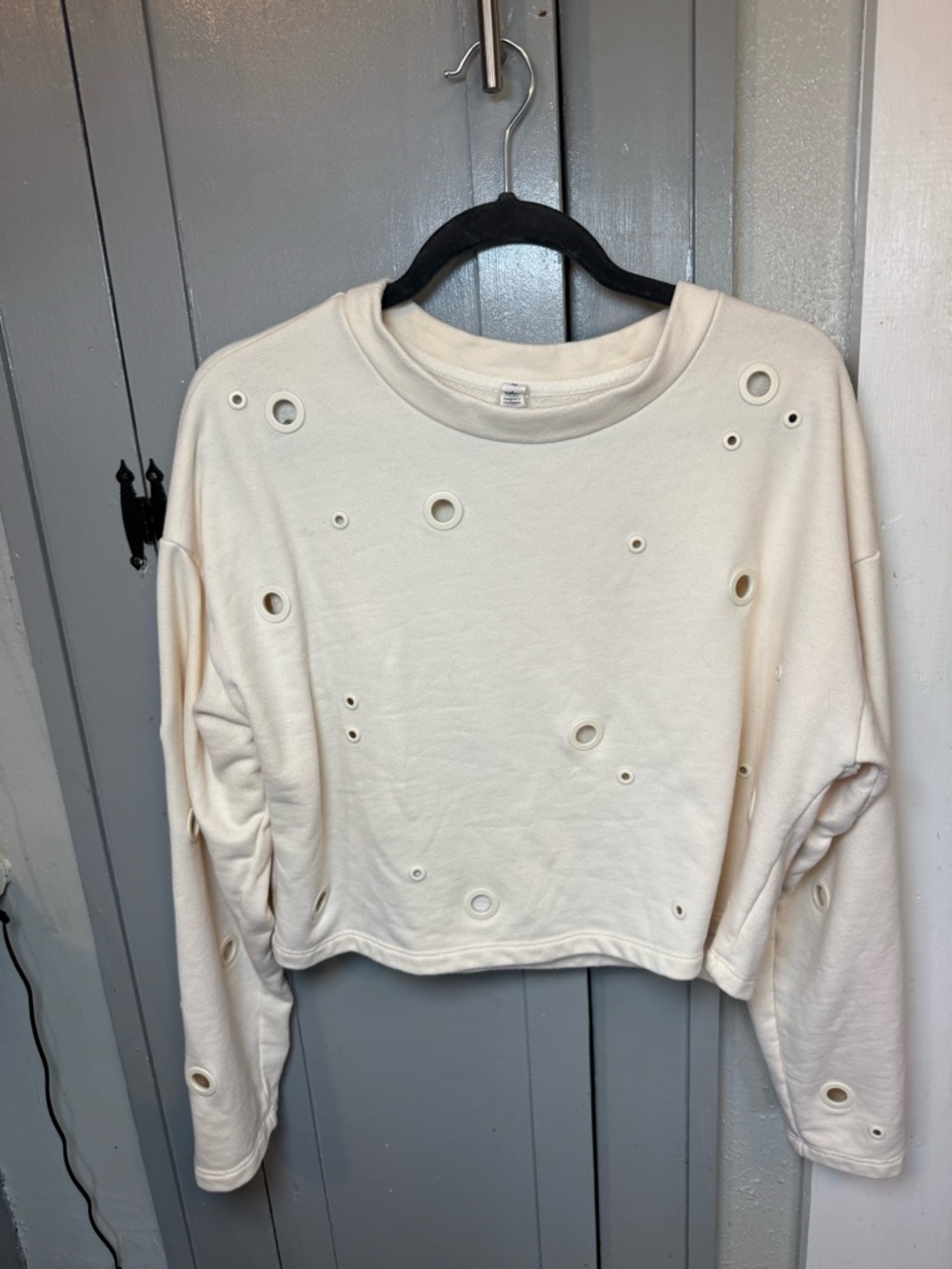 ALO Yoga Cream Distressed Eyelet Crop Sweatshirt